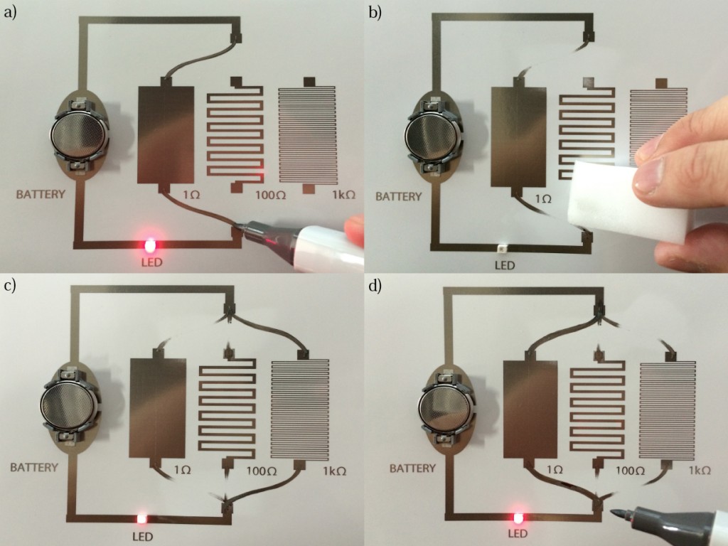 (a)1Ω抵抗に接続 (b)消しゴム (c)1kΩ抵抗に変更 (d)1Ω抵抗に再接続
(a)Connect 1Ω resistor (b)Erase (c)Reconnect 1kΩ resistor (d)Connect back 1Ω resistor