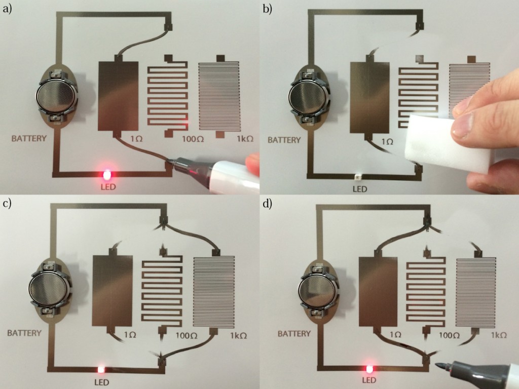 (a)1Ω抵抗に接続 (b)消しゴム (c)1kΩ抵抗に変更 (d)1Ω抵抗に再接続
(a)Connect 1Ω resistor (b)Erase (c)Reconnect 1kΩ resistor (d)Connect back 1Ω resistor