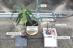 太陽電池を発電元とする自動水やり機の外観 The solar energy harvesting application which automatically waters plants by running a pump when soil moisture sensor detects the drying state of the soil.