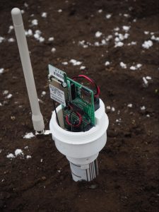 農地に設置された低コストプロファイルプローブ Low-cost soil moisture profile probe in farm field.